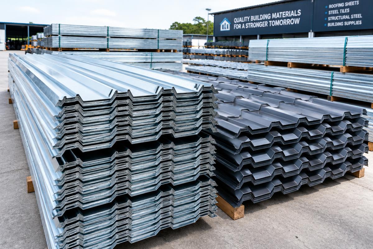 Pilhas de telhas metálicas trapezoidais em um pátio de materiais